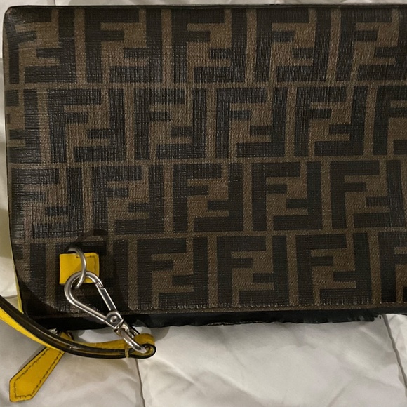 PRE LOVED FENDI Brown Monogram Wristlet with Yellow Detachable Strap - Picture 7 of 10